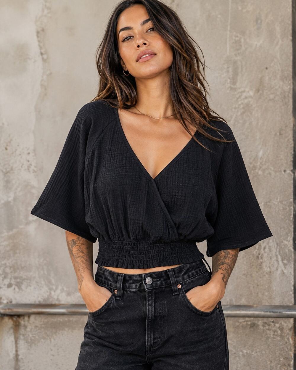 Lovlei Black Gauze Wrap Crop Top M Boutique Boho Smocked Waist Kimono Sleeve